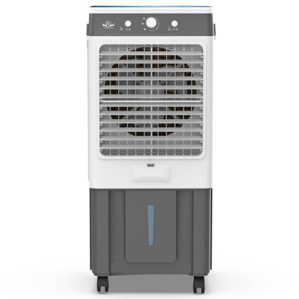 PG Power Guard Ice Max 85L Air Cooler With High Speed Fan | Honey Comb Pad | Biggest Ice Chamber | Tougned Glass Top | Fountain Technology | Works On Inverter | 15 Years Warranty (Grey White)