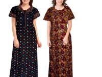 PNAEONG Women's Cotton Printed Nighty Night Gown Maxi Free Size (Pack of 2)