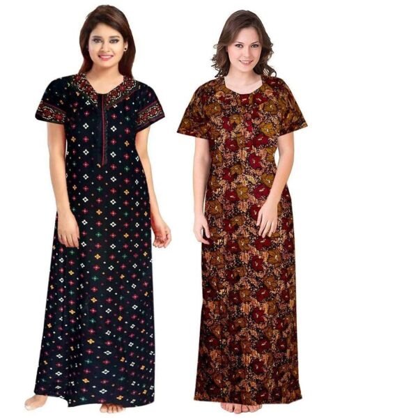 PNAEONG Women's Cotton Printed Nighty Night Gown Maxi Free Size (Pack of 2)