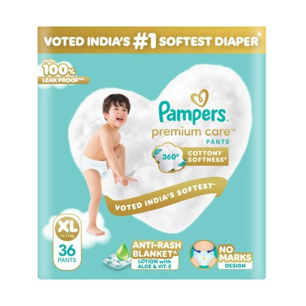 Pampers Premium Care Pant Style Baby Diapers XL 36 Count | No Marks Design | Voted India’s #1 Softest Diaper | All in 1 diaper with 360 Cottony Softness