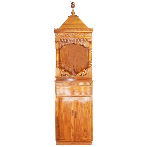 Pancha Brikhsha Vastu Compliant Teak Wood Prayer Cabinet, Traditional Hand Crafted Temple with Natural Bleach Gala Polish, Decorative Crown Top Design with Storage Drawers
