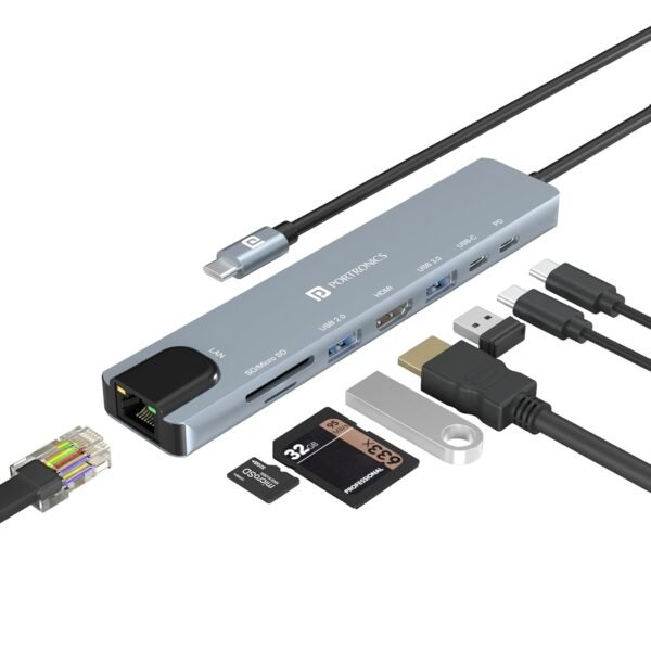 Portronics Mport 8 USB-C USB Hub/Docking Station(8-in-1) with 4K 30Hz HDMI, 100 Mbps Ethernet, USB 3.0, microSD/SD Card Reader, Type-C Data, PD Charging, USB 2.0, Type-C Plug for Laptop, Mac, PC