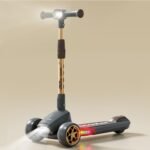 R for Rabbit Road Runner Blaze Foldable Kick Scooter for Kids with 4 Level Adjustable Height, PU LED Wheels, Lights and Music for 3+ Years Baby Boy & Girl of Upto 75kg Weight (Black Gold)