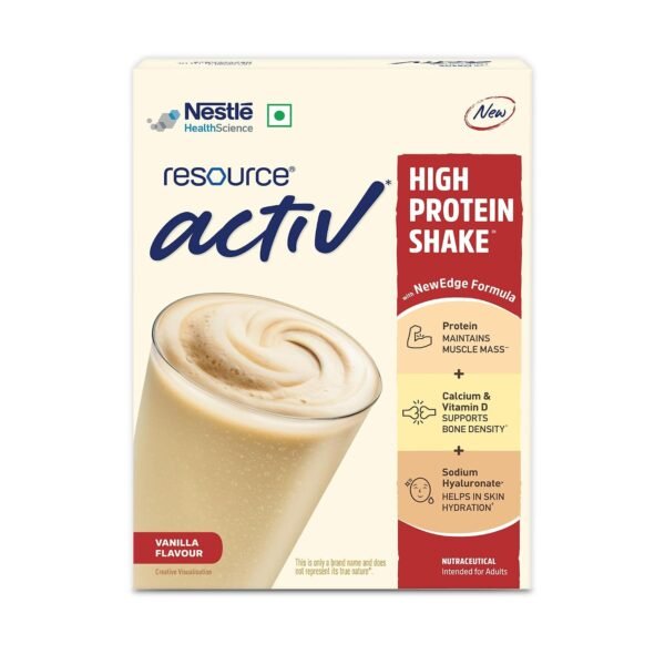 RESOURCE Nestlé Active, High Protein Shake with New Edge Formula, Vanilla Flavour, Strengthens Muscles, Bones, Immune System, Improves Skin 400g Bag-in-box pack.