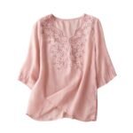 RIEKA Womens Elegant Beige Floral Embroidered Tunic Top with Scalloped V Neck, Elbow Length Sleeves, Relaxed Fit, Lightweight, Casual Ethnic Style Top