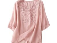 RIEKA Womens Elegant Beige Floral Embroidered Tunic Top with Scalloped V Neck, Elbow Length Sleeves, Relaxed Fit, Lightweight, Casual Ethnic Style Top