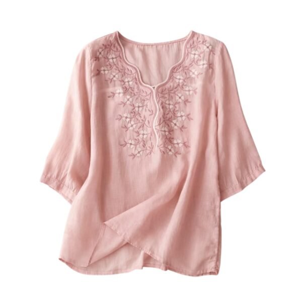 RIEKA Womens Elegant Beige Floral Embroidered Tunic Top with Scalloped V Neck, Elbow Length Sleeves, Relaxed Fit, Lightweight, Casual Ethnic Style Top