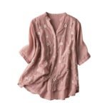 RIEKA Womens Floral Applique Embroidered Fancy Top with Mandarin Collar Button Down Front Half Sleeves Relaxed Fit Casual Tunic Top for Women