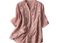 RIEKA Womens Floral Applique Embroidered Fancy Top with Mandarin Collar Button Down Front Half Sleeves Relaxed Fit Casual Tunic Top for Women