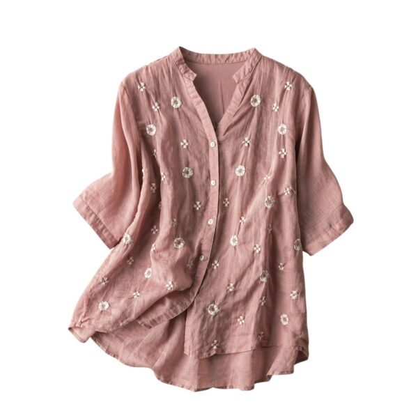RIEKA Womens Floral Applique Embroidered Fancy Top with Mandarin Collar Button Down Front Half Sleeves Relaxed Fit Casual Tunic Top for Women