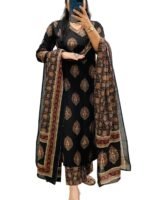 Rangnavi Women's Cotton Trending Straight Kurta with Pants and Dupatta Set | Ethnic Set (BLACK)