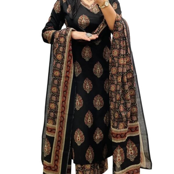 Rangnavi Women's Cotton Trending Straight Kurta with Pants and Dupatta Set | Ethnic Set (BLACK)