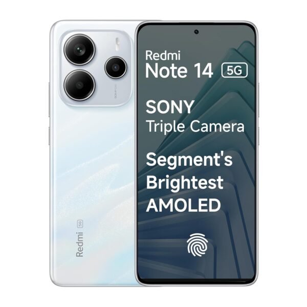 Redmi Note 14 5G (Mystique White, 8GB RAM 256GB Storage) | Global Debut MTK Dimensity 7025 Ultra | 2100 nits Segment Brightest 120Hz AMOLED | 50MP Sony LYT 600 OIS+EIS Triple Camera