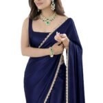 SATAZ Ready To Wear Saree For Women Pre Pleated Satin Silk Readymade With Unstitched Blouse (Navy Blue)