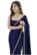 SATAZ Ready To Wear Saree For Women Pre Pleated Satin Silk Readymade With Unstitched Blouse (Navy Blue)