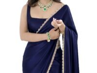 SATAZ Ready To Wear Saree For Women Pre Pleated Satin Silk Readymade With Unstitched Blouse (Navy Blue)