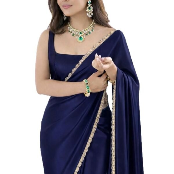 SATAZ Ready To Wear Saree For Women Pre Pleated Satin Silk Readymade With Unstitched Blouse (Navy Blue)