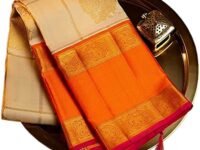 SGF11 Women's Kanjivaram Soft Lichi Silk Saree With Blouse Piece (Cream Orange)