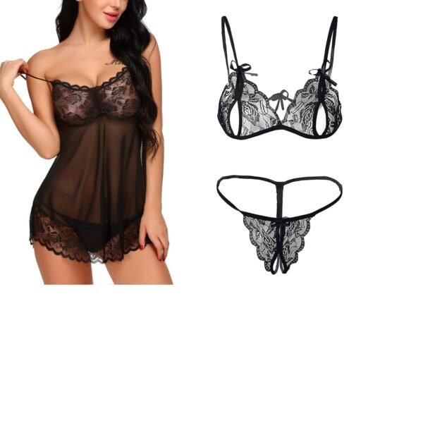 SSoShHub Lace Babydoll Lingerie Sexy Mini Chemise Mesh Wedding Nightie Bridal Nightdress with Bikini