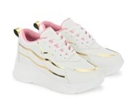 STANPHORD Women White Chunky Lace-Up Sneakers | Gold Metallic Accent | Lightweight Cushioned Insole | Daily Walking College Casual Wear (WTPRM 13009)