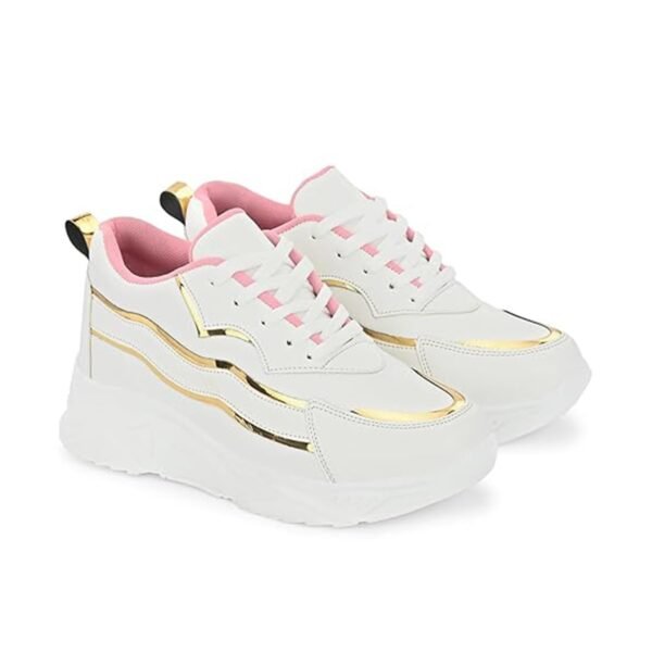 STANPHORD Women White Chunky Lace-Up Sneakers | Gold Metallic Accent | Lightweight Cushioned Insole | Daily Walking College Casual Wear (WTPRM 13009)