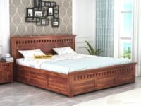 STRATA FURNITURE Sheesham Wood Queen Size Bed with Box Storage Wooden Double Bed Cot Bed Furniture for Bedroom Living Room Home (Natural Finish)