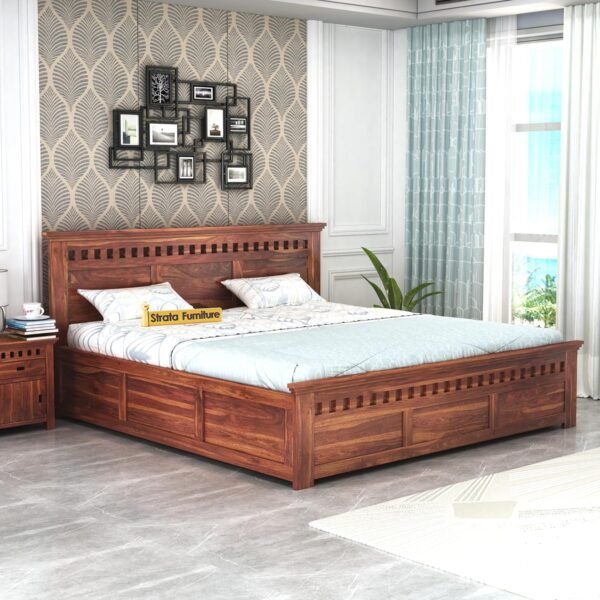 STRATA FURNITURE Sheesham Wood Queen Size Bed with Box Storage Wooden Double Bed Cot Bed Furniture for Bedroom Living Room Home (Natural Finish)