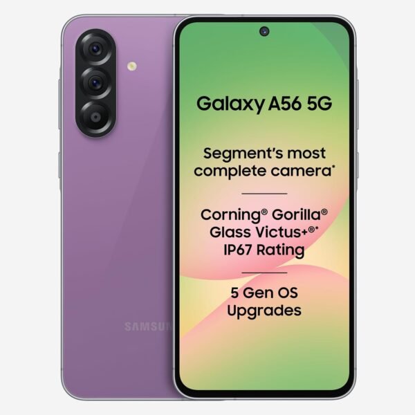Samsung Galaxy A56 5G (Awesome Violet Glow, 8GB, 128GB) | Segment Most Complete Triple Camera | AI Editing | 4nm Processor | sAMOLED Display| Gorilla Glass Victus+| 5 Gen OS Upgrades