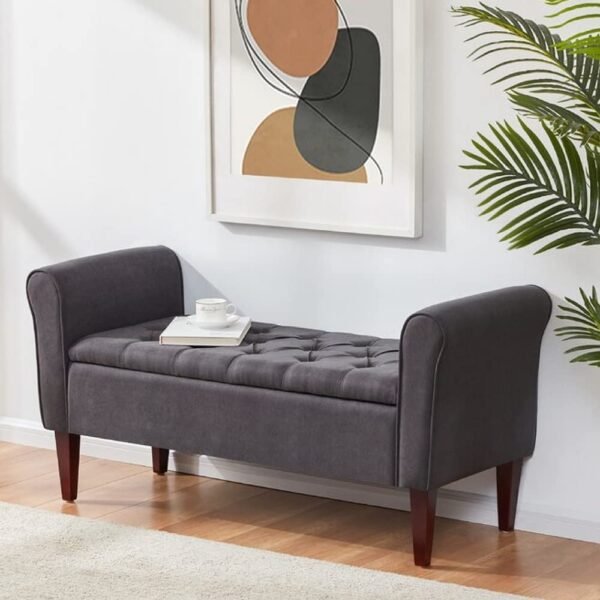 Seat Button Tufted Chaise Lounge, Upholstered Bench, Settee with Storage, Ottoman for Living Room, Couch for Guestroom, Diwan for Home, Size: L:50" x W:19" x H:20" (Grey)