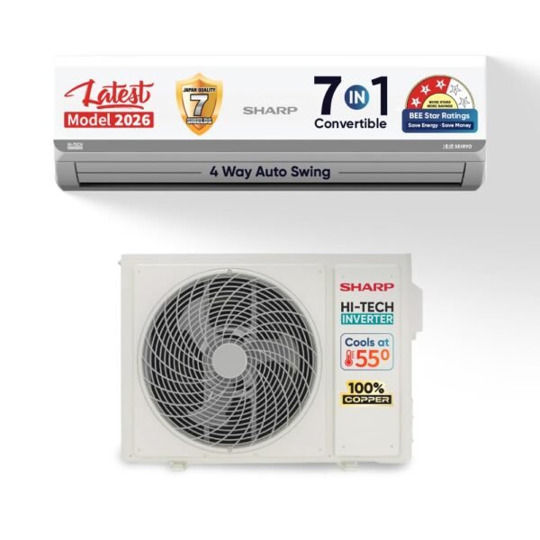 Sharp 0.95 Ton 3 star, New Star Rated,Split AC (4 Way Swing, 100% copper, Hi-Tech Inverter Compressor, 7in1 Convertible, Turbo cool, Dust filter) - AH-SI12V3B-GCN, White