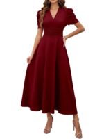 Shasmi Girl's & Women's Solid Color V-Neck A-Line Maxi Dress for Women | New Year Party Outfit | Waist Cinched Puff Sleeve Western | Elegant Casual Wear (Dress 246)