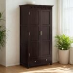 Sheesham Wood 2 Door Wardrobe with Hanging Rod Storage Shelf Drawers Solid Wooden Almirah for Bedroom Home Cloth Organizer (Walnut Finish, Close Shelf with 2 Drawer)