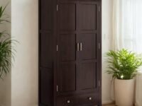 Sheesham Wood 2 Door Wardrobe with Hanging Rod Storage Shelf Drawers Solid Wooden Almirah for Bedroom Home Cloth Organizer (Walnut Finish, Close Shelf with 2 Drawer)