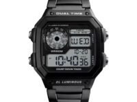 Shocknshop Digital Sports Square Black Dial Stainless Steel Strap Unisex Watch (Black Dial & Silver Colored Strap) -WCH53