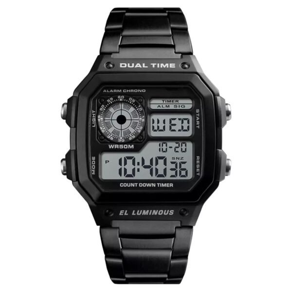 Shocknshop Digital Sports Square Black Dial Stainless Steel Strap Unisex Watch (Black Dial & Silver Colored Strap) -WCH53