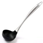 Silicone Soup Ladle Heat Resistant Deep Serving Spoon with Stainless Steel Handle Nonstick Seamless for Cooking Soups, Sauces, Stews (Black)