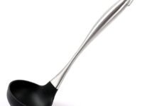 Silicone Soup Ladle Heat Resistant Deep Serving Spoon with Stainless Steel Handle Nonstick Seamless for Cooking Soups, Sauces, Stews (Black)