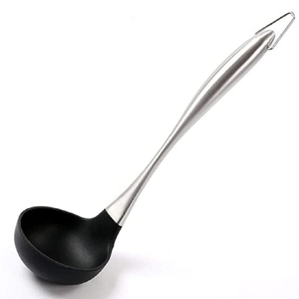 Silicone Soup Ladle Heat Resistant Deep Serving Spoon with Stainless Steel Handle Nonstick Seamless for Cooking Soups, Sauces, Stews (Black)