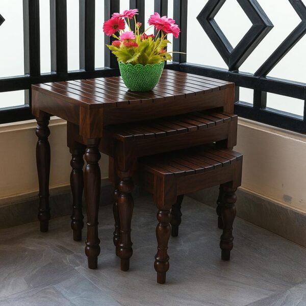 Solid Sheesham Wood Nesting Table for Living Room | Wooden Nesting Tables Set of 3 Stools for Decor | Bedside Table for Bedroom Furniture | Flower Pot Vase Stand | Dark Brown Finish
