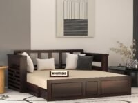 Solid Sheesham Wooden Sofa Cums Bed with Mattresses for Living Room|Rosewood 3-Person Sofa Cums Bed for Bedroom Without Pillow (G-Walnut, 3 Seater)