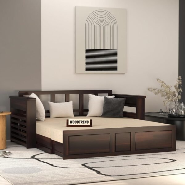 Solid Sheesham Wooden Sofa Cums Bed with Mattresses for Living Room|Rosewood 3-Person Sofa Cums Bed for Bedroom Without Pillow (G-Walnut, 3 Seater)