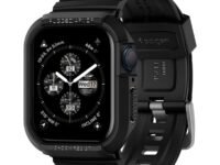 Spigen Case with Strap Band for Apple Watch Series 9/8/7 45mm, SE3/SE2/SE/6/5/4 44mm, Rugged Protection, Flexible(Rugged Armor Pro) - Black