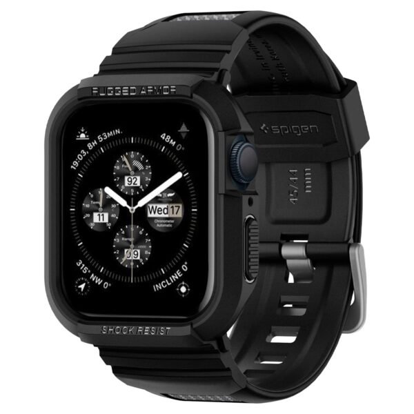 Spigen Case with Strap Band for Apple Watch Series 9/8/7 45mm, SE3/SE2/SE/6/5/4 44mm, Rugged Protection, Flexible(Rugged Armor Pro) - Black