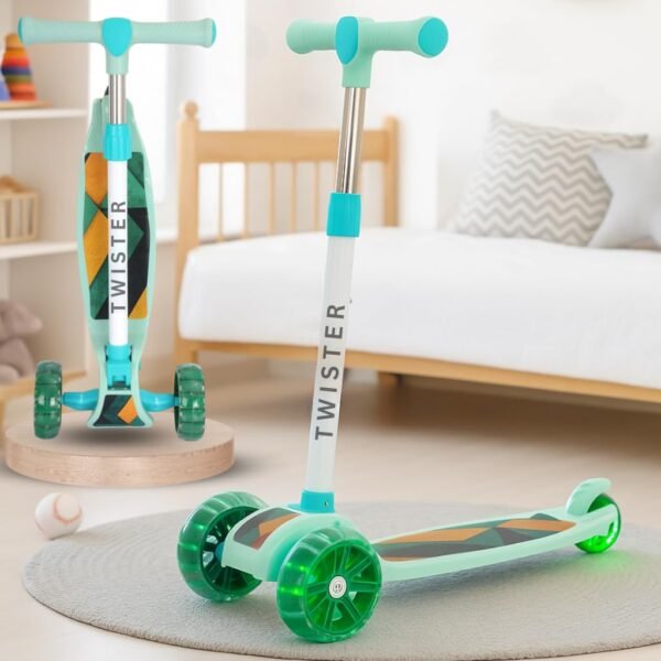 Storio Twister Foldable Kick Scooter for Kids with LED Light Wheels | Skating Cycle Style Scooter with Adjustable Handle & Foldable Design | Lightweight Ride-On Toy for Boys & Girls - Green