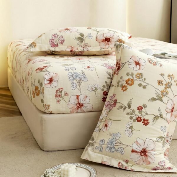 Story@Home Cloud Cotton Fitted BEDSHEET (72 X 78 Inch) 360 Elastic King Size with 2 Pillow Covers | Super Soft Bed Sheet for King Size Bed Floral Design (White, Red)