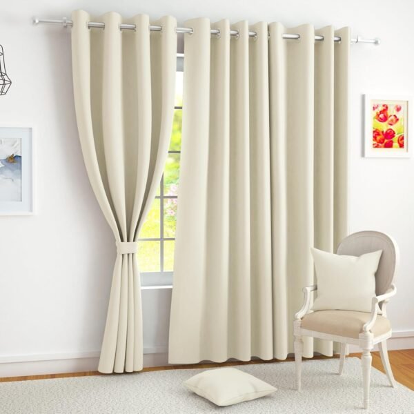 Story@Home Faux Silk Room Darkening Blackout Curtain Set of 2 with Tie Back Solid Door - 7 Feet Beige