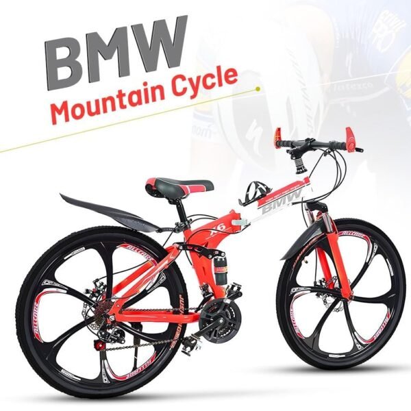 Sunspeed BMV X6 Foldable Cruiser Unisex Bicycle | 26-Inch Red Bike with 21-Speed Gears,Dual Disc Brakes,Hydraulic Suspension,and Strong Carbon Steel Frame | Great for City Rides & Off-Road Adventures