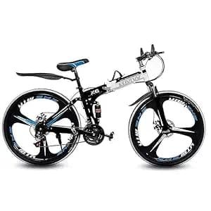 Sunspeed Men Skyride BMV X6 Foldable Cruiser Bicycle| Black Bike with 21-Speed Gears, Dual Disc Brakes, Hydraulic Suspension and Strong Carbon Steel Frame|Great for City Rides, 26 inch