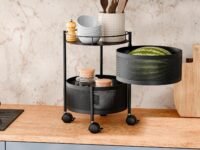 TEX-RO Kitchen Trolley with Wheels | 2-Layer Metal Vegetable Basket Stand & Kitchen Storage Rack | Multipurpose Kitchen Organizer for Onion Potato Storage (Round)