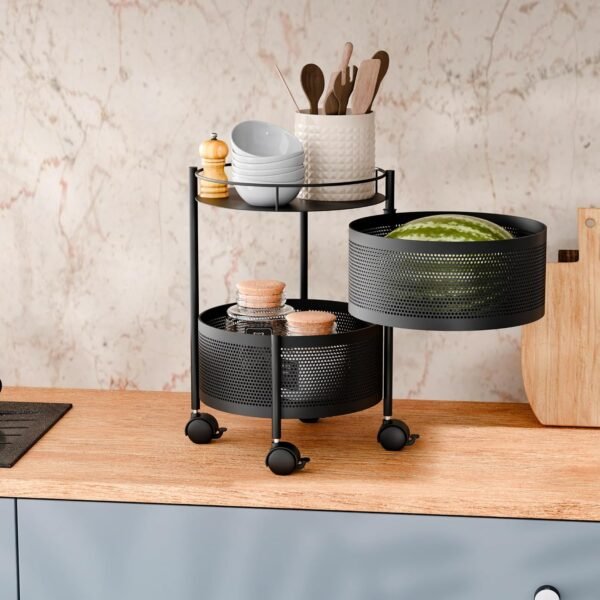 TEX-RO Kitchen Trolley with Wheels | 2-Layer Metal Vegetable Basket Stand & Kitchen Storage Rack | Multipurpose Kitchen Organizer for Onion Potato Storage (Round)